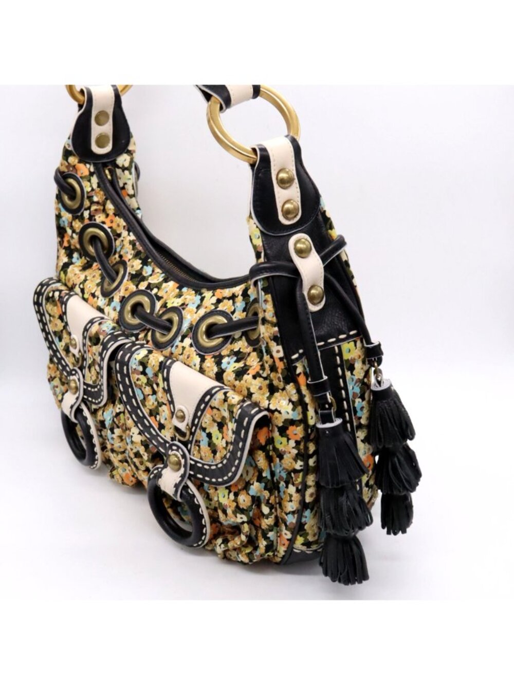 Rare Vtg Early 2000's Isabella Fiore Floral Hobo Purse Leather Tassels Boho Y2K - Picture 7 of 16